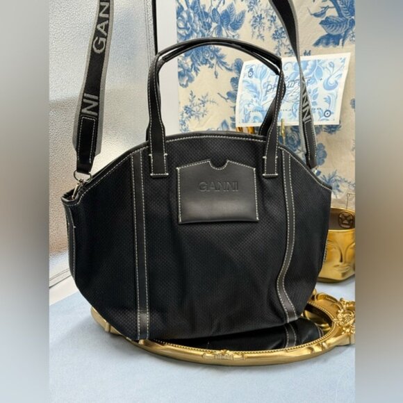 🆕 GANNI 🧿 NWT Small Banner Tote, Black Canvas & Black Leather - Picture 4 of 13